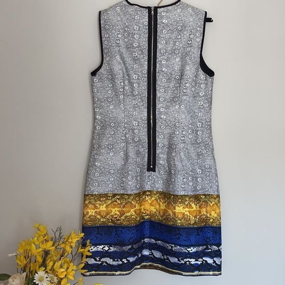 🔴 NWT Kenneth Cole Black White Blue Multi Print Shift Cocktail Dress - Picture 12 of 14